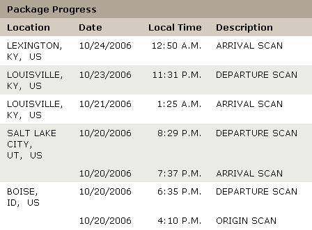 This is where I show you the tracking screen, indicating that the package arrived in Louisville and immediately went to Lexington.
