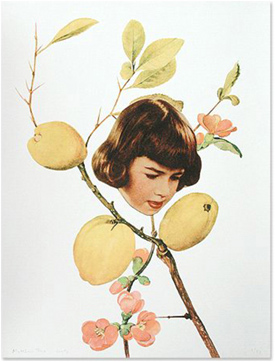Artistic collage of a girl's face with lemon branch and blossoms