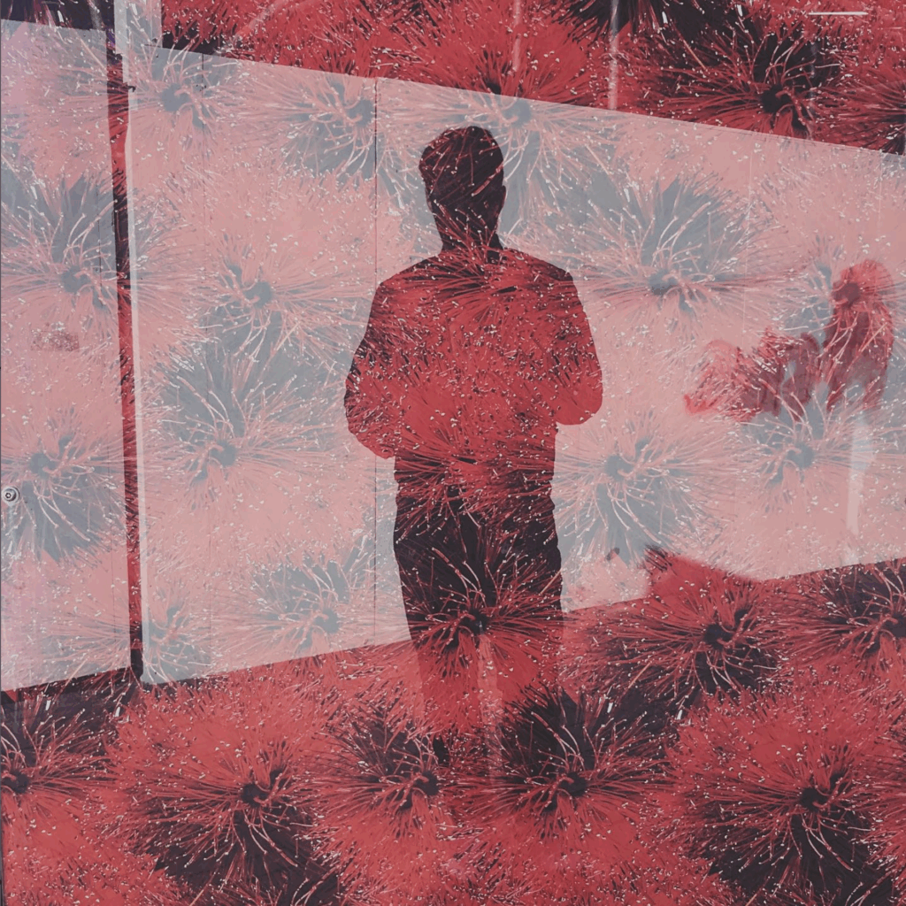 Will's silhouette in reflection against scattered bursts of red on black.