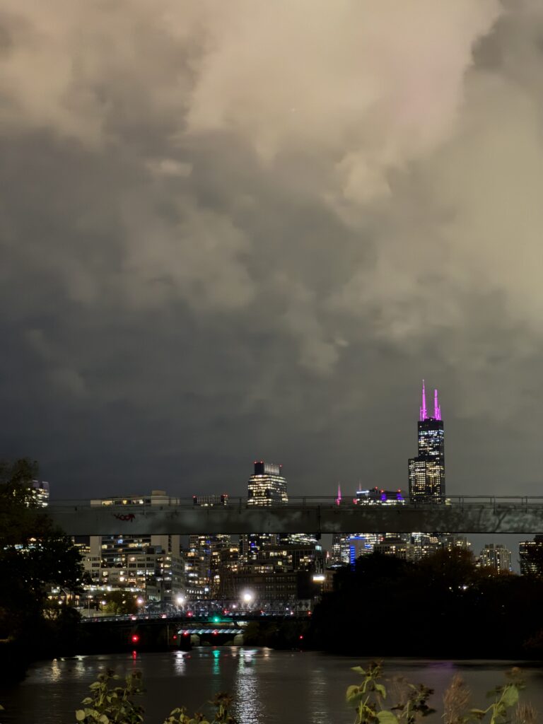The Chicago skyline on a cloudy night, seen from the river